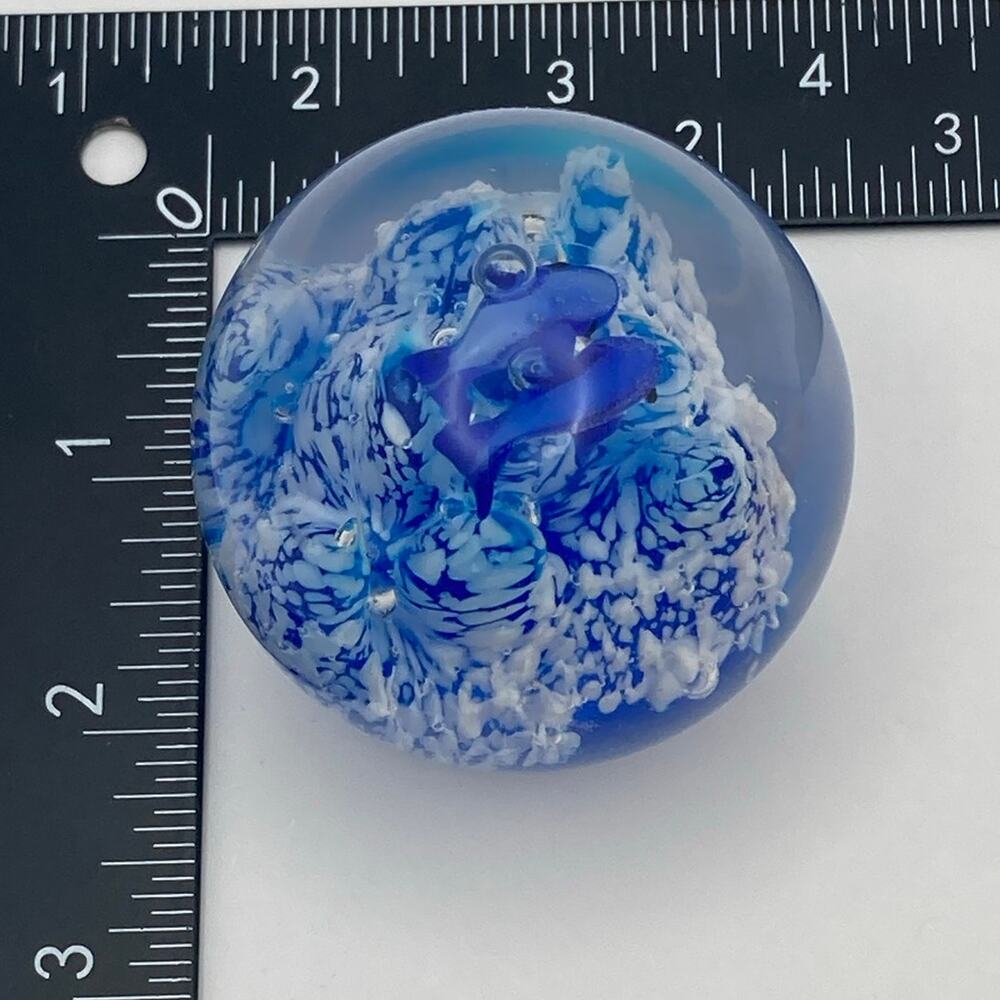 Art Glass Dolphins Swimming Ocean Paperweight 9.8oz Blue White Great Colors